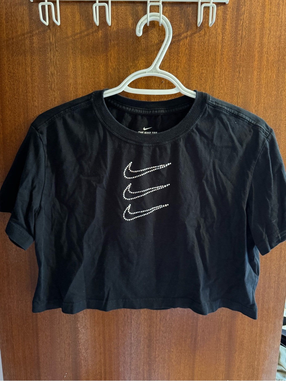 Nike Black Crop Tee with Stacked Rhinestone Swooshes - Picture 1 of 1